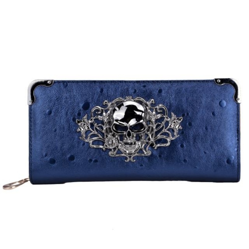New Blue Leather Skull Wallet purse handbag clutch